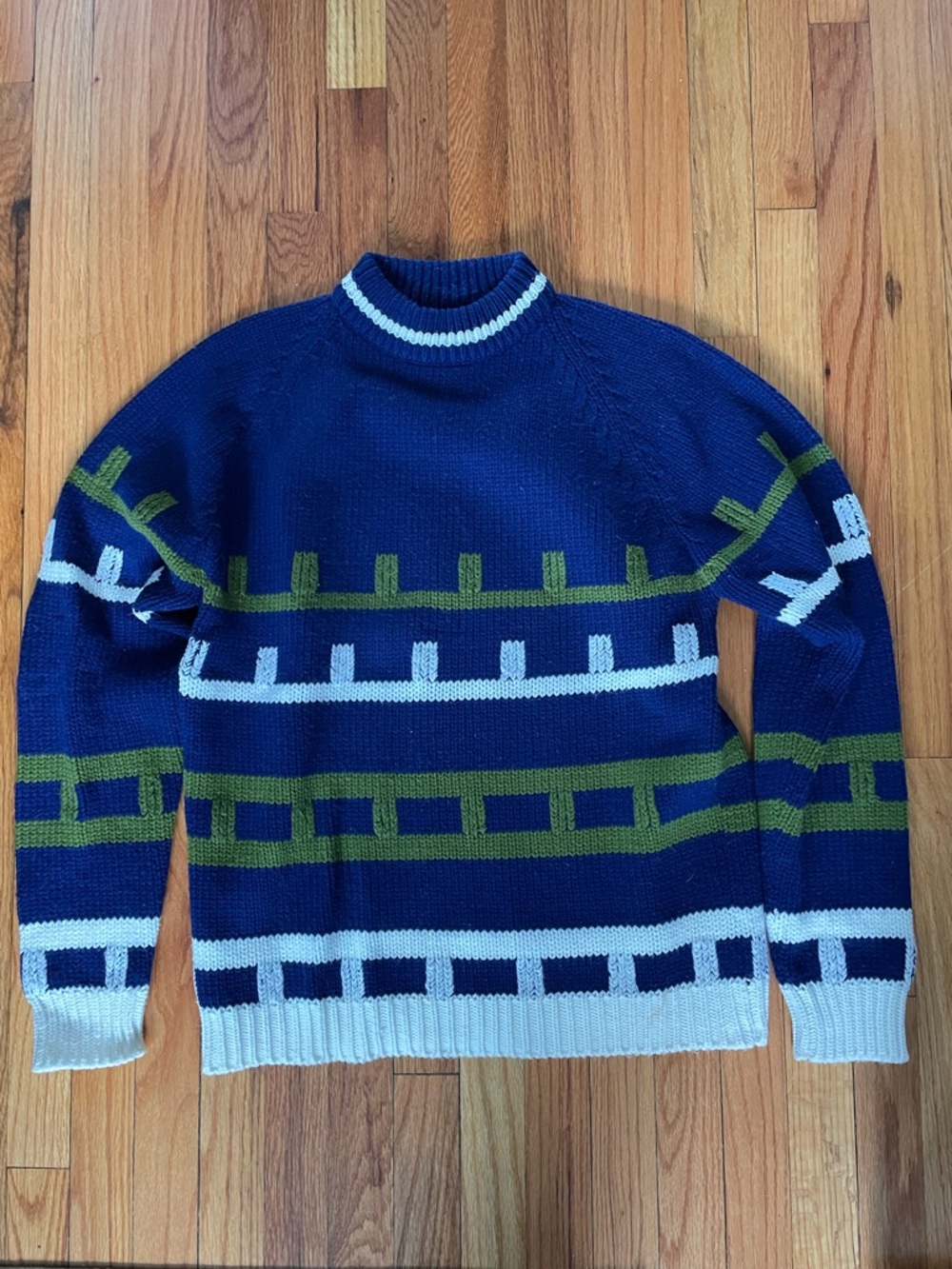 Men's Vintae Patterned Crewneck Sweater - Blue/White/Green
